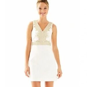 NWT Lilly Pulitzer Aveline Pique Cotton Shift Dress White Gold Soutache sz 0